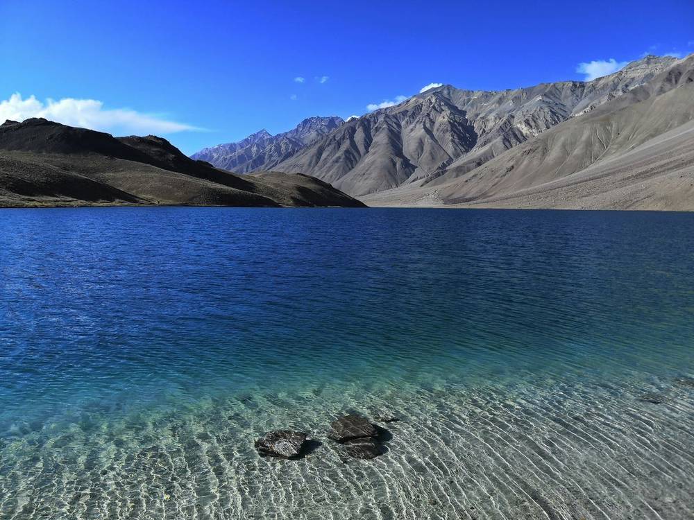 Turquoise high-altitude lake beneath bare brown mountains in Spiti
