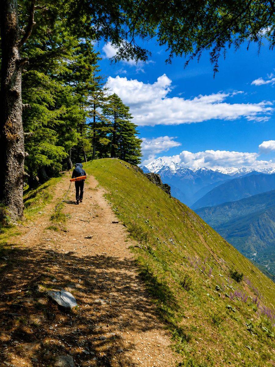 Trekker on a grassy ridge path with deodar trees and distant snow peaks