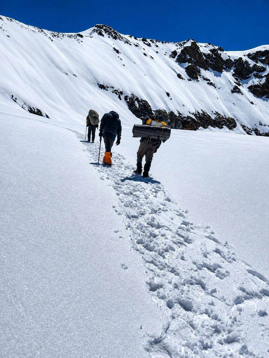 Trekkers walking in single file across a snowfield on the Pin Parvati Pass route